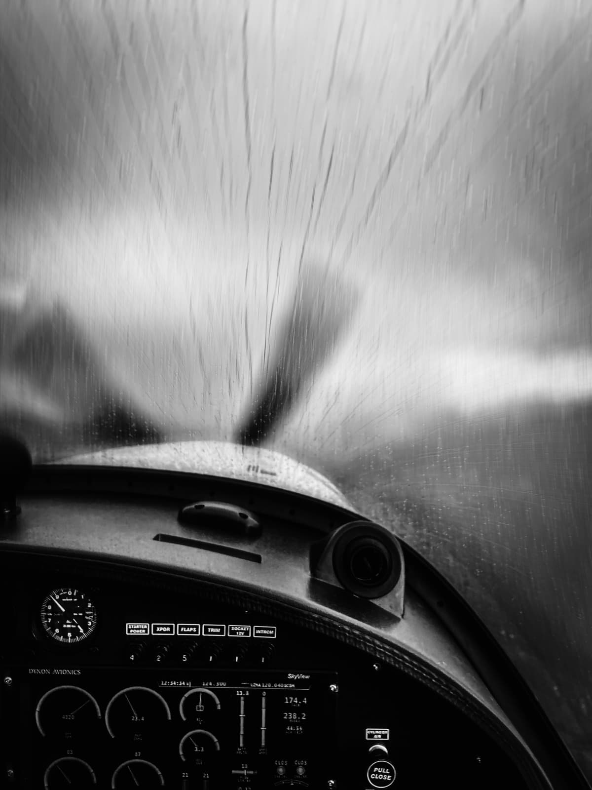 Cockpit forward view through rain